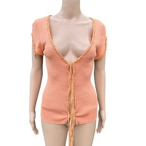 Roberto Cavalli VTG peach color knit top, plunging neckline, suede braid accents
